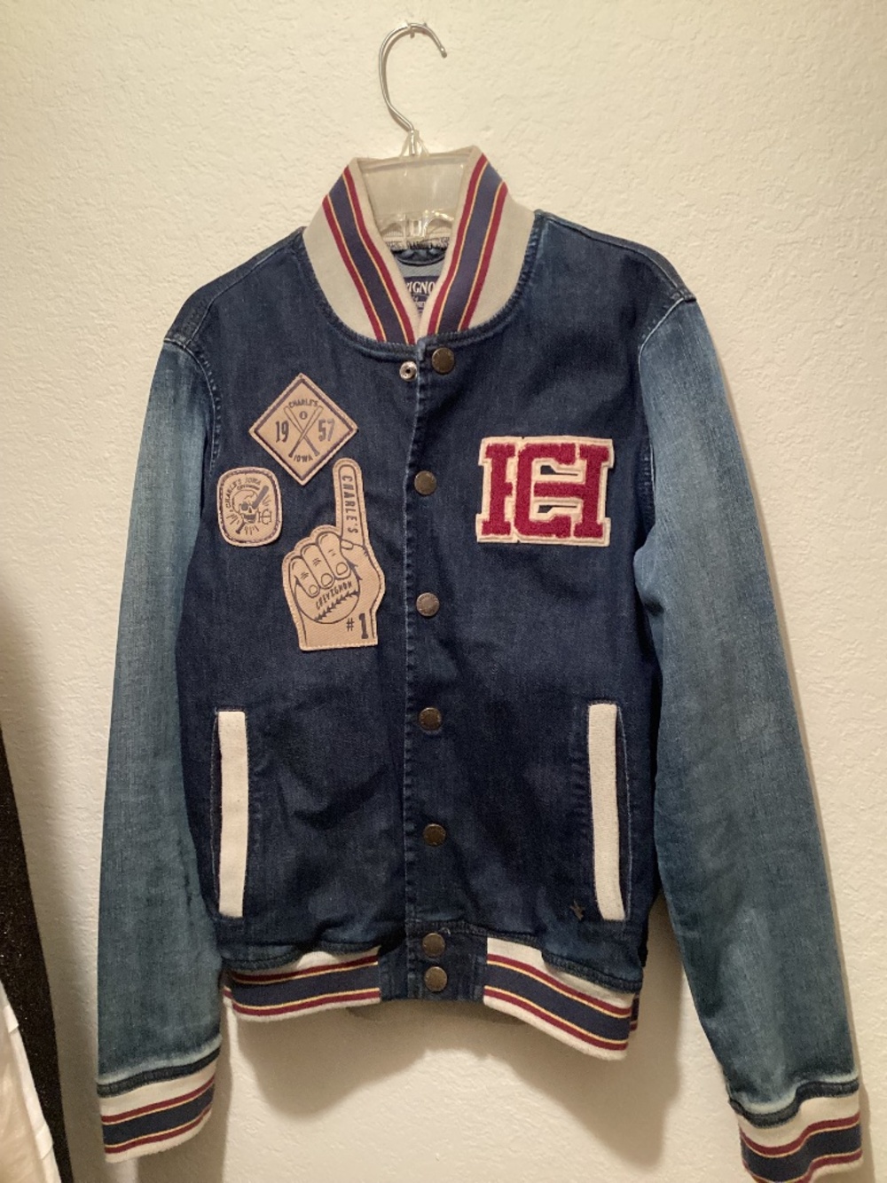 CHEVIGNON denim varsity jacket styled after classic mid-century.